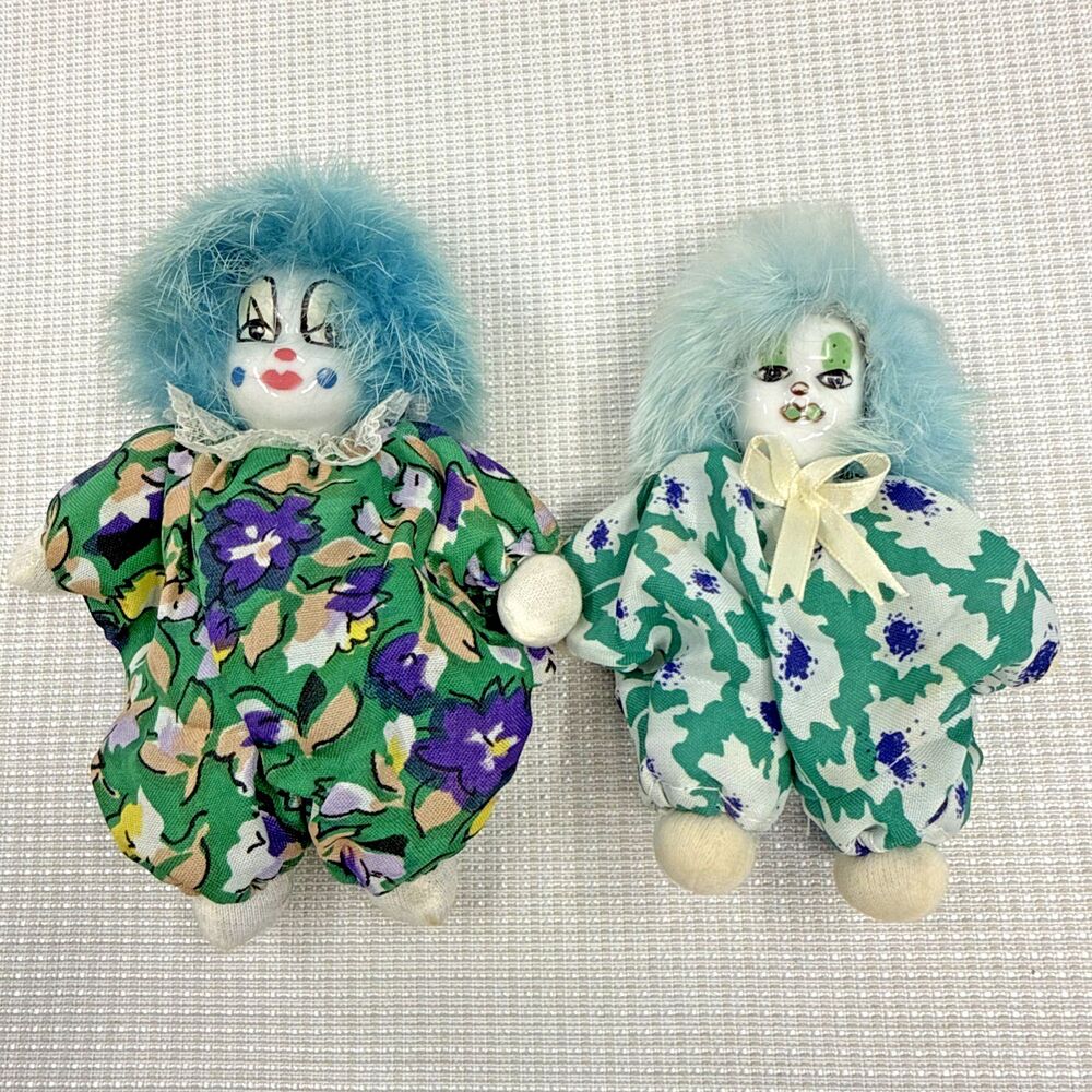 Set of 2 Vintage Q-Tee Clown Sand Doll Aqua Hair Painted China Faces 1980s